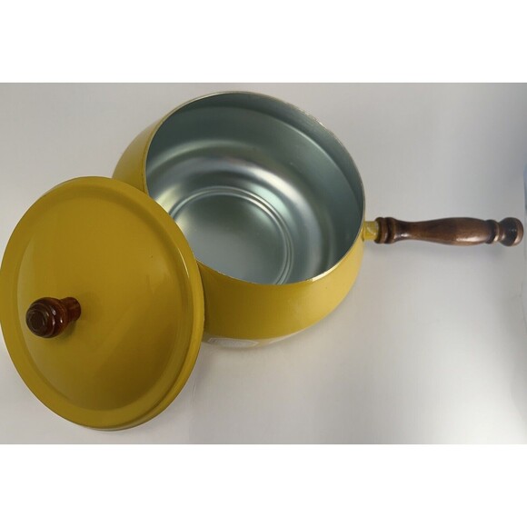 Vintage enamel fondue pot with lid, yellow geometric MCM design, wood handle - Picture 3 of 8